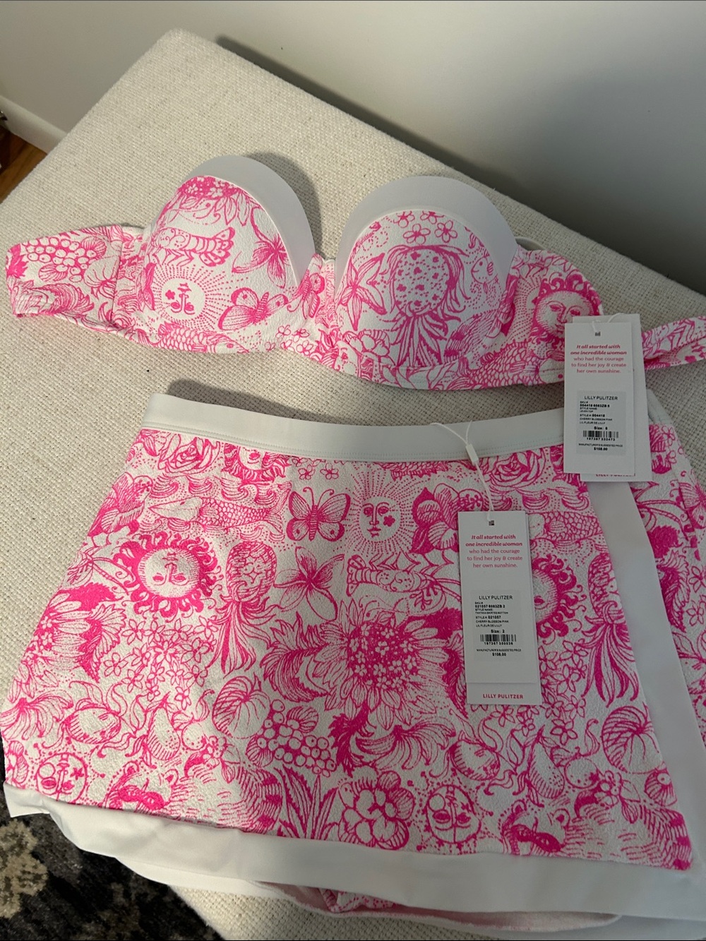Lilly Pulitzer Pink and White Floral Bandeau Bikini Set - Picture 2 of 5